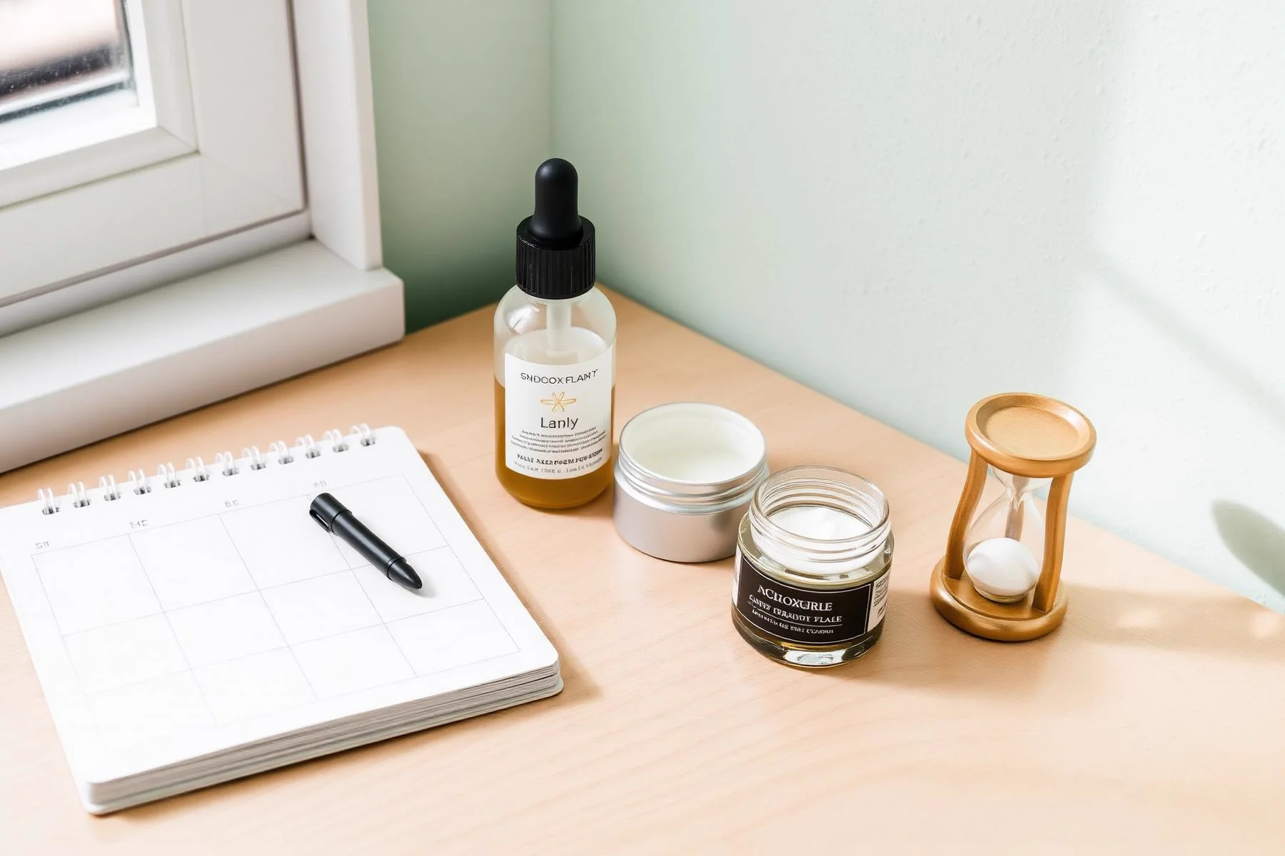 Weekly planner notebook, serum bottle, cream jar, and hourglass on a light wood desk in soft daylight
