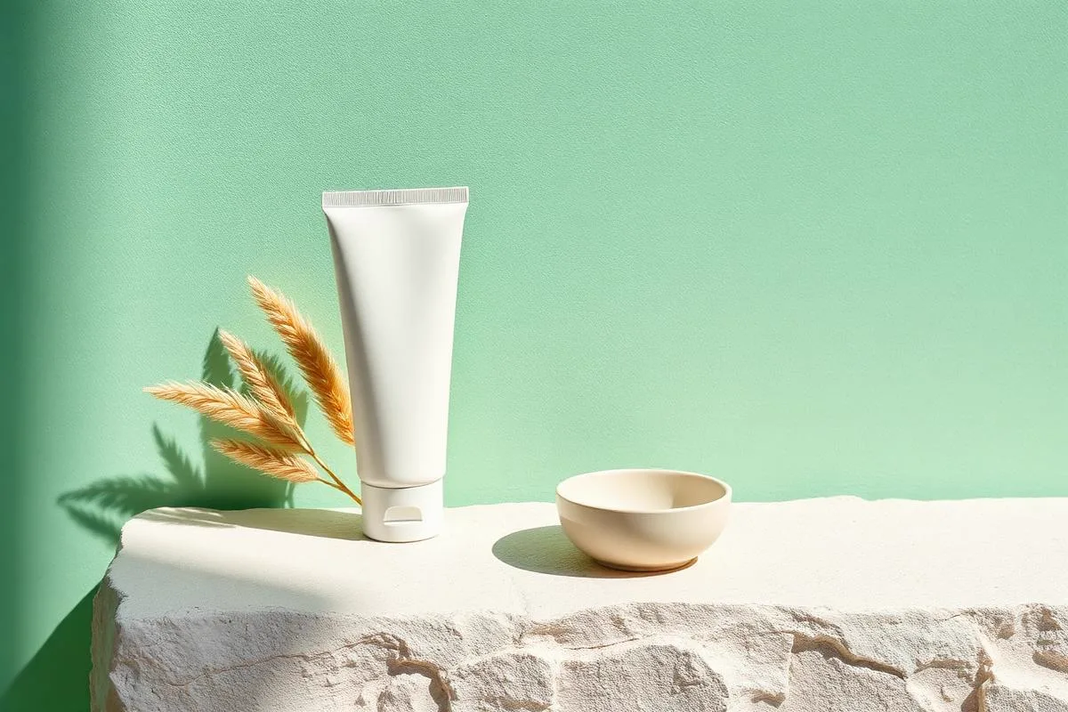 Overhead flat lay of an unlabelled foaming pump bottle, a small clear vial and a folded sage cloth on a slate stone tray with rosemary, for a skincare routine for acne