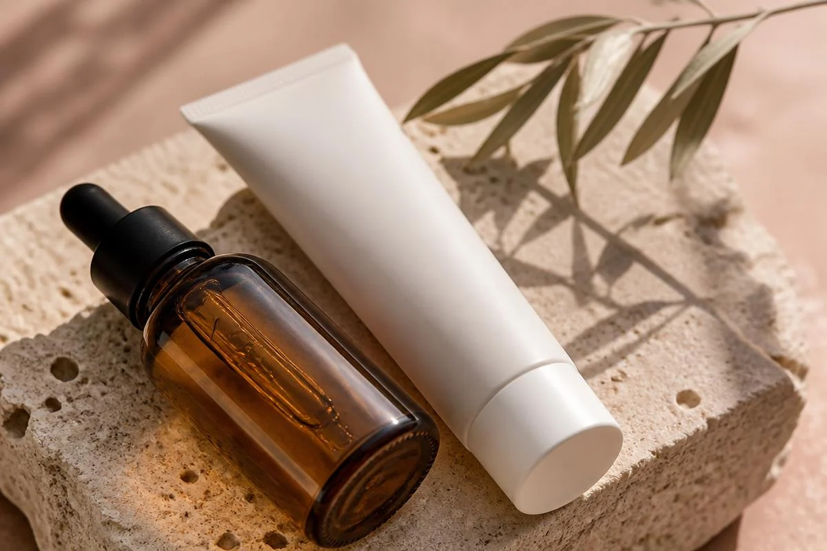 Close-up of an unlabeled amber dropper and a white tube resting on a travertine block with an olive sprig, for the AM and PM routine