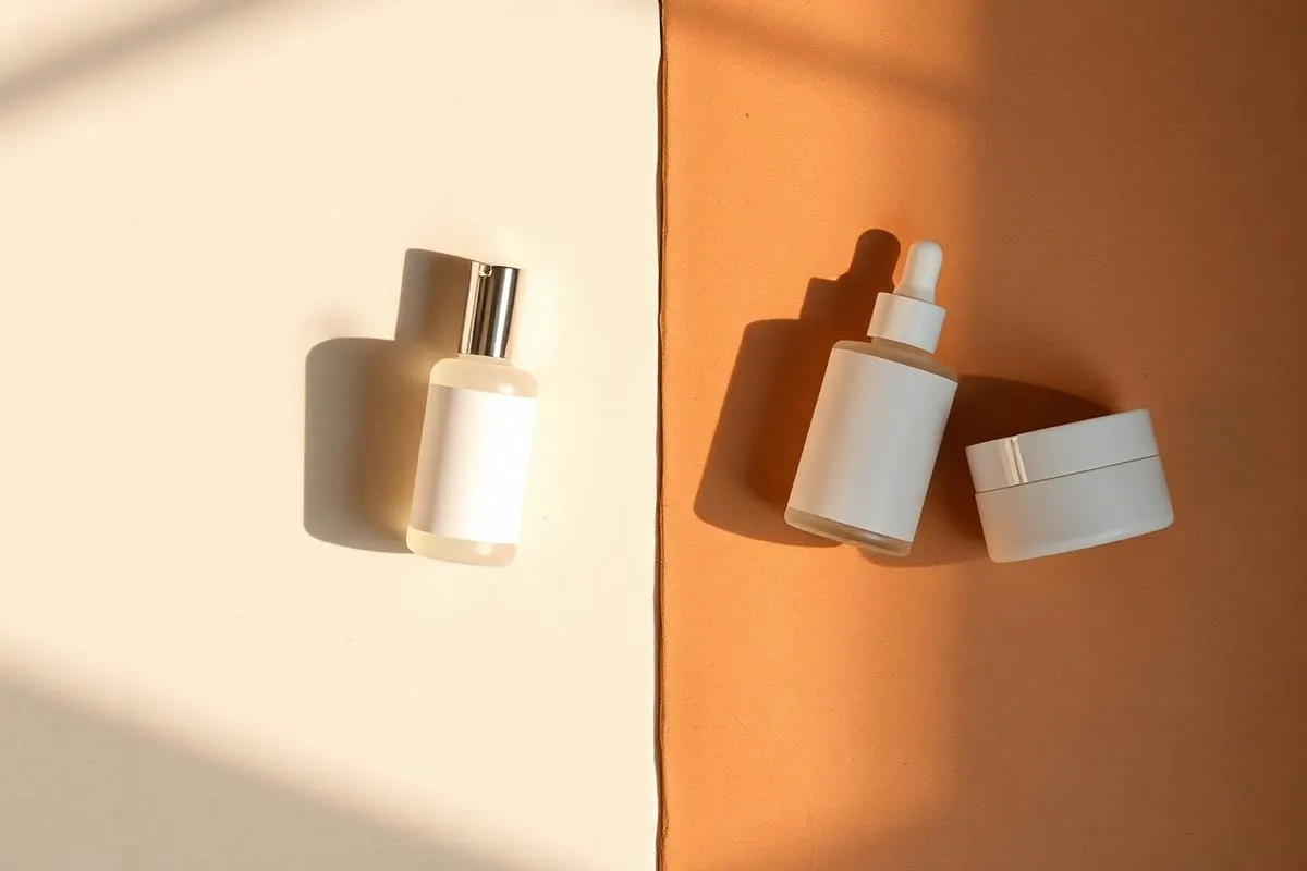 Split flat lay contrasting a bright morning product set with a warm evening product set