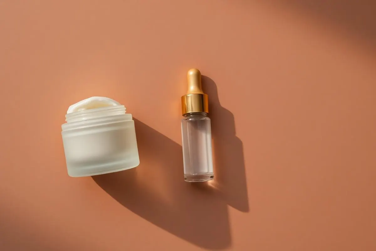 Frosted night cream jar and retinol dropper in low evening light for an anti-aging routine