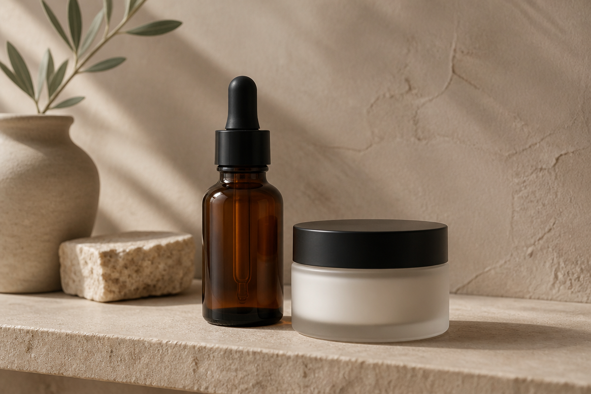 Frosted night cream jar and amber retinol dropper on cool slate stone for an anti-aging routine