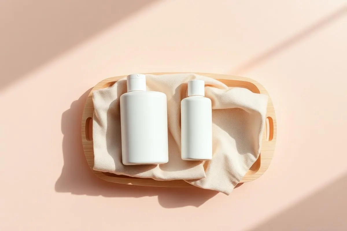 Two simple unlabelled skincare bottles on a wooden tray as a beginner starter set