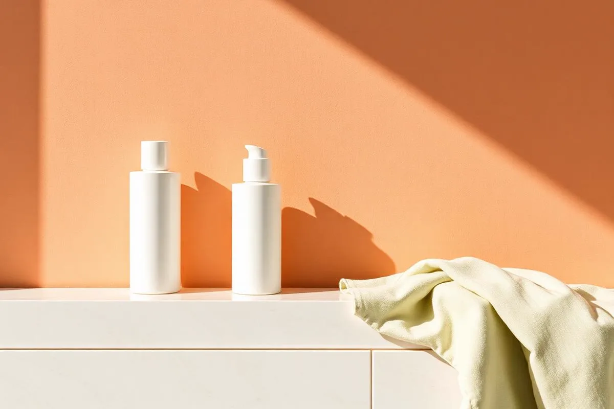 Two simple unlabeled skincare bottles on a wooden tray as a beginner starter set