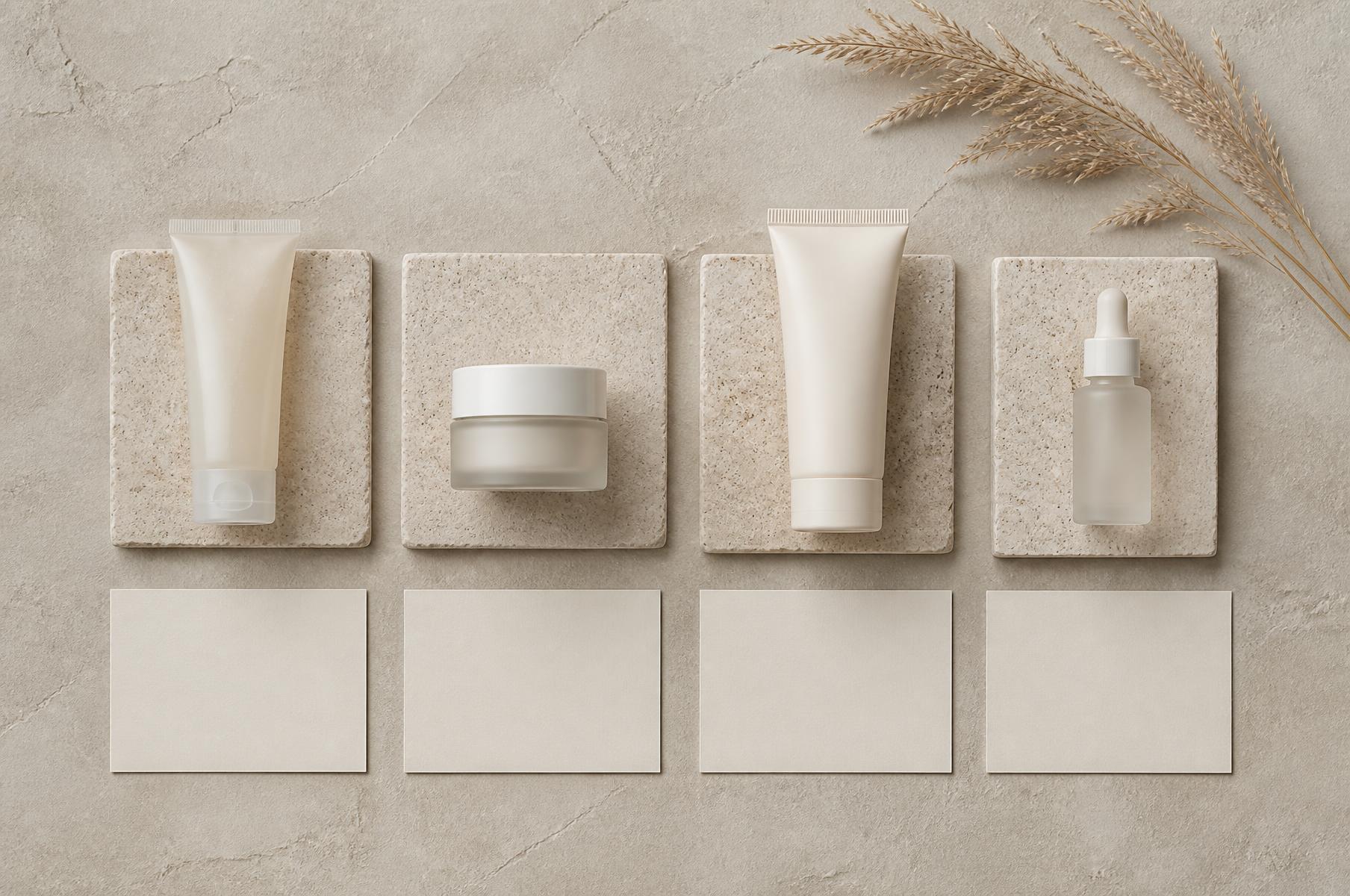 Overhead row of four unlabeled starter products — cleanser, moisturizer, sunscreen and serum — each on its own pale stone tile with blank cream cards, laid out like the four weeks of a beginner plan