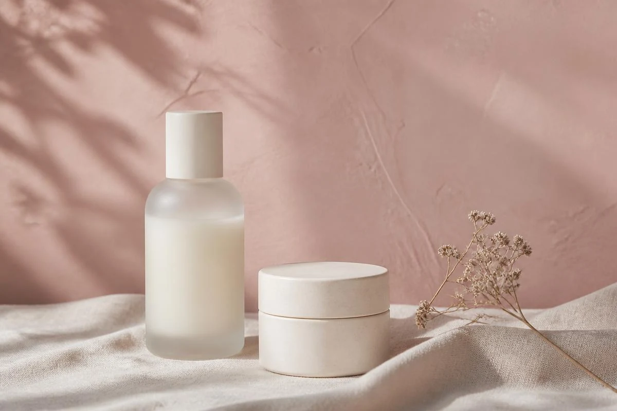 Gel-cream and richer cream on a split sand and sage background for combination skin zones