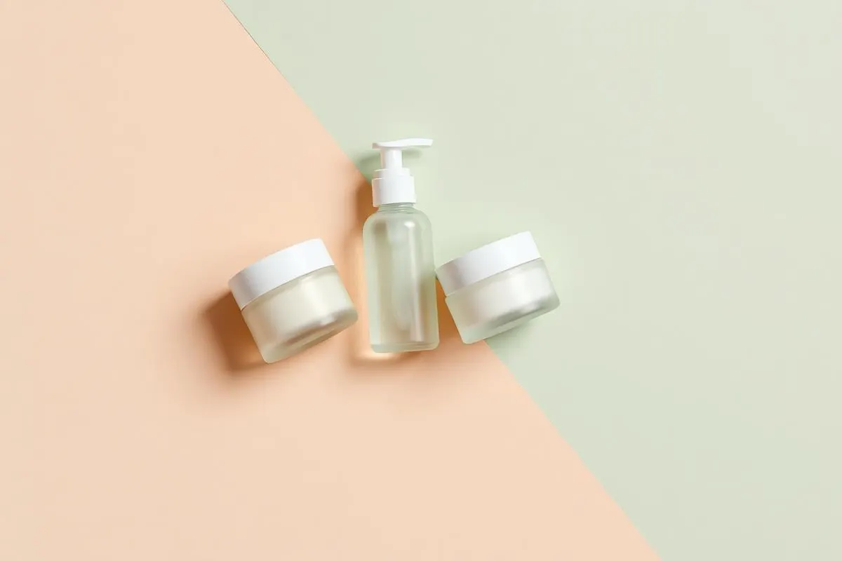 Gel-cream and richer cream on a split sand and sage background for combination skin zones