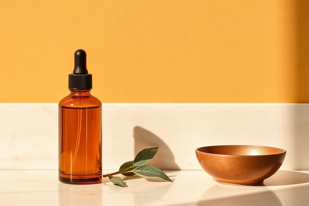 Frosted niacinamide serum and a sunscreen tube on warm clay stone against a cream wall with a soft palm leaf shadow