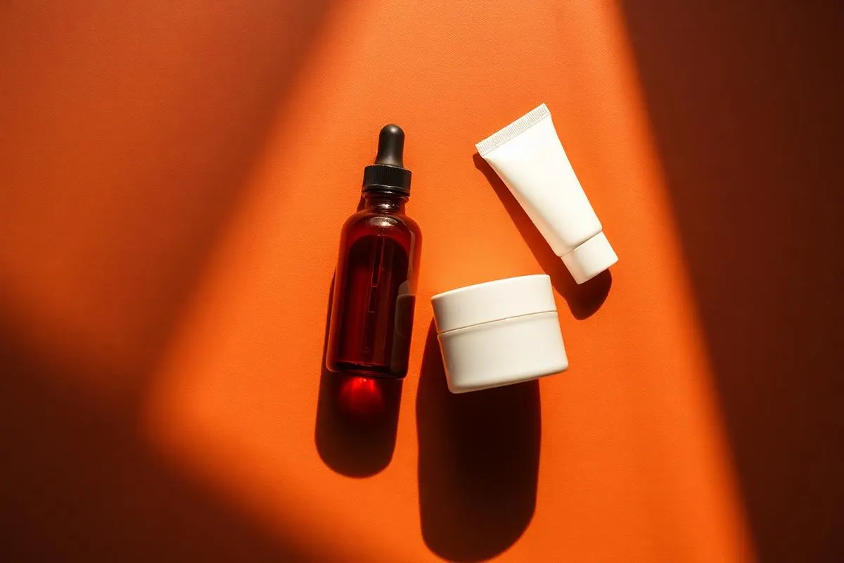 Niacinamide serum, ceramide cream and sunscreen on a warm brown surface for melanin-rich skin