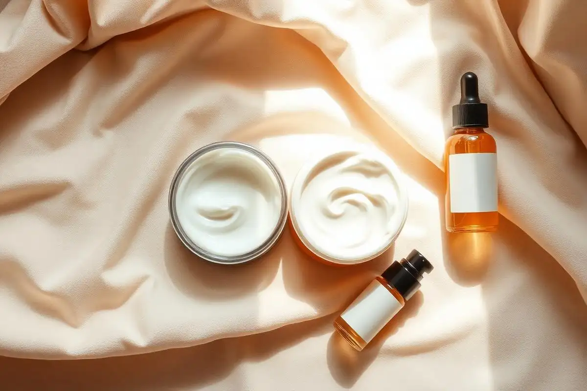Open jar of rich moisturizer with facial oil and hydrating serum on cream linen for dry skin