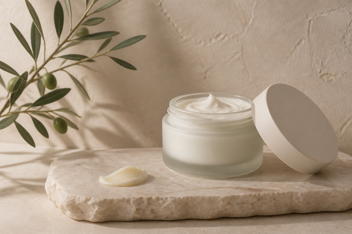 Open jar of rich moisturizer with facial oil and hydrating serum on cream linen against warm plaster, for dry skin
