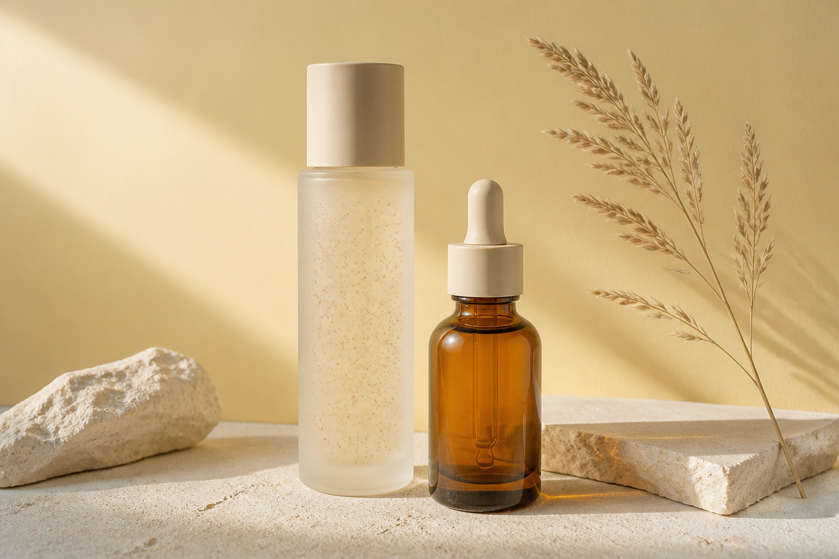 Frosted exfoliating toner and an amber glow serum on pale sand against a butter yellow wall, for a brightening routine