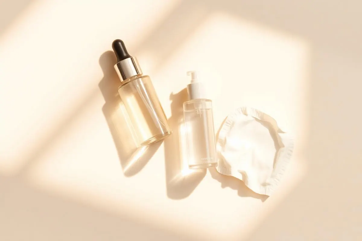 Glowing serum bottle and exfoliating toner in warm sunlight for a brightening routine