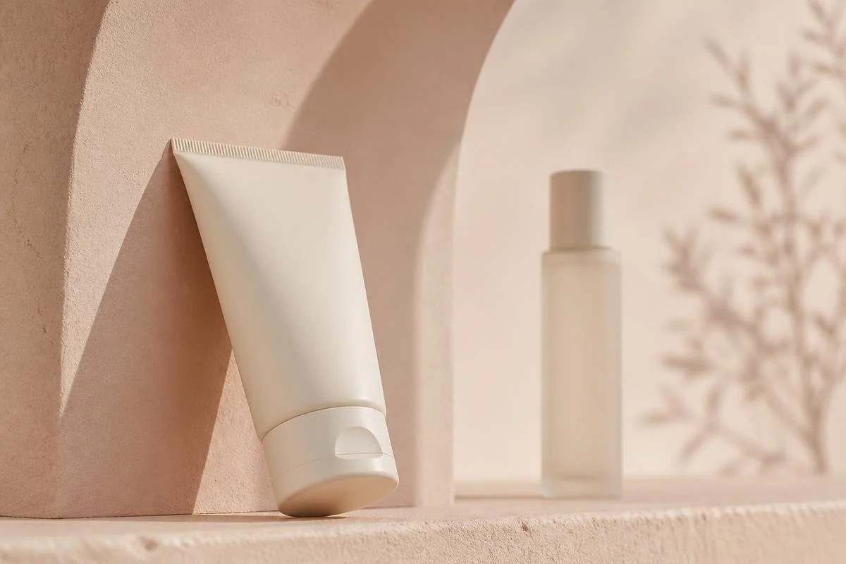 Unlabelled cream tube leaning against a pale blush plaster arch with a frosted bottle set back on the ledge, for a fair skin routine