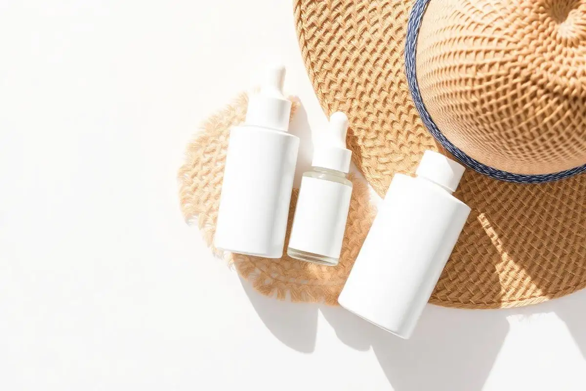 High-SPF sunscreen and antioxidant serum beside a straw sun hat for a fair skin routine