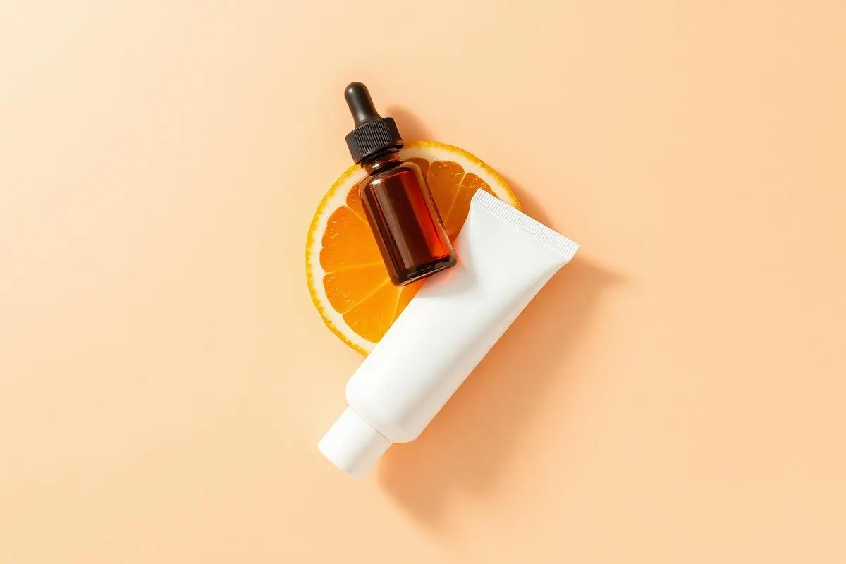 Amber vitamin C serum and a brightening cream with fresh orange for fading dark spots