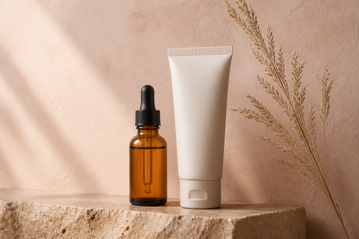 Amber vitamin C dropper and a sunscreen tube on a warm sand ledge against a soft blush wall with a dried grass sprig, for fading dark spots