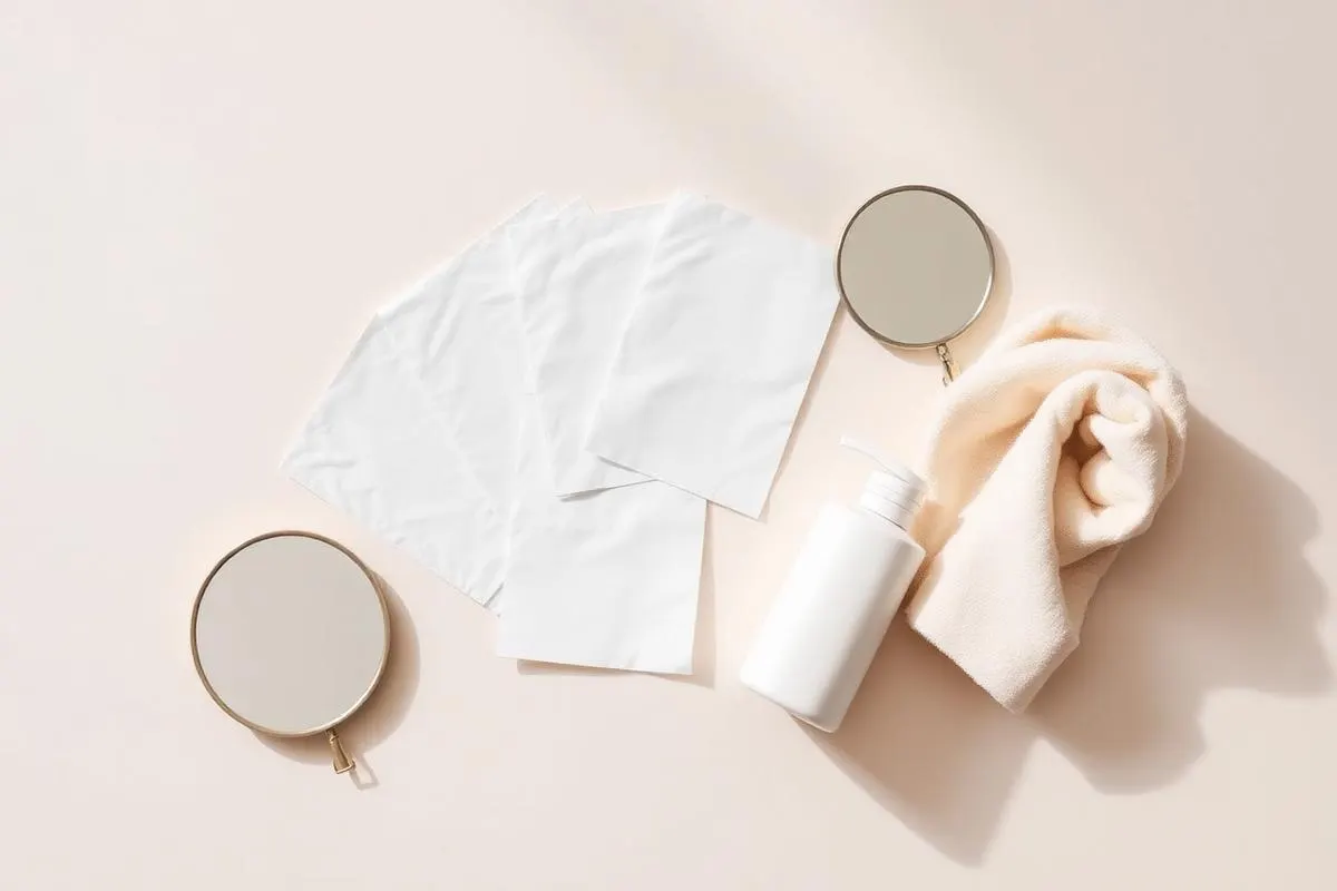 Blotting papers, a hand mirror and a cleanser laid out for the at-home skin type test