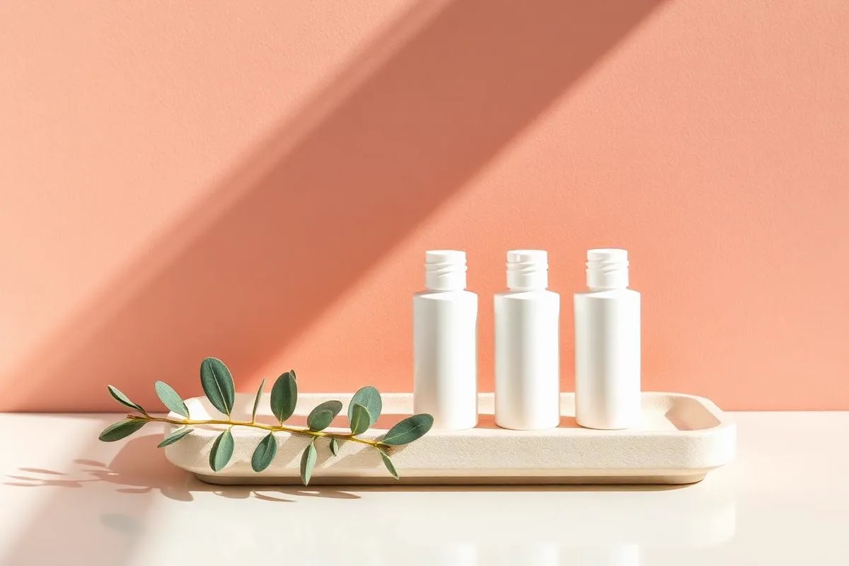 Blotting papers, a hand mirror and a cleanser on a soft sage stone surface for the at-home skin type test