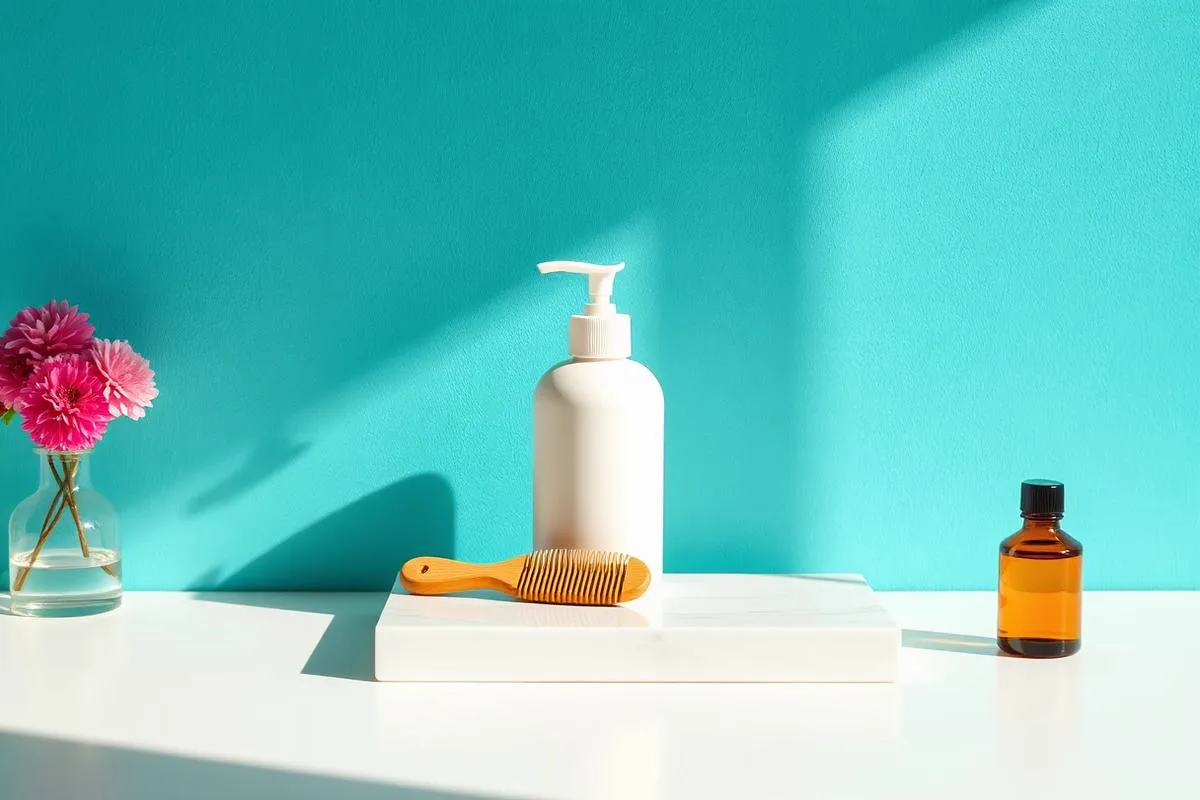 Grey-green face wash tube and a pale stone moisturizer jar on a sand stone slab against a light slate blue wall