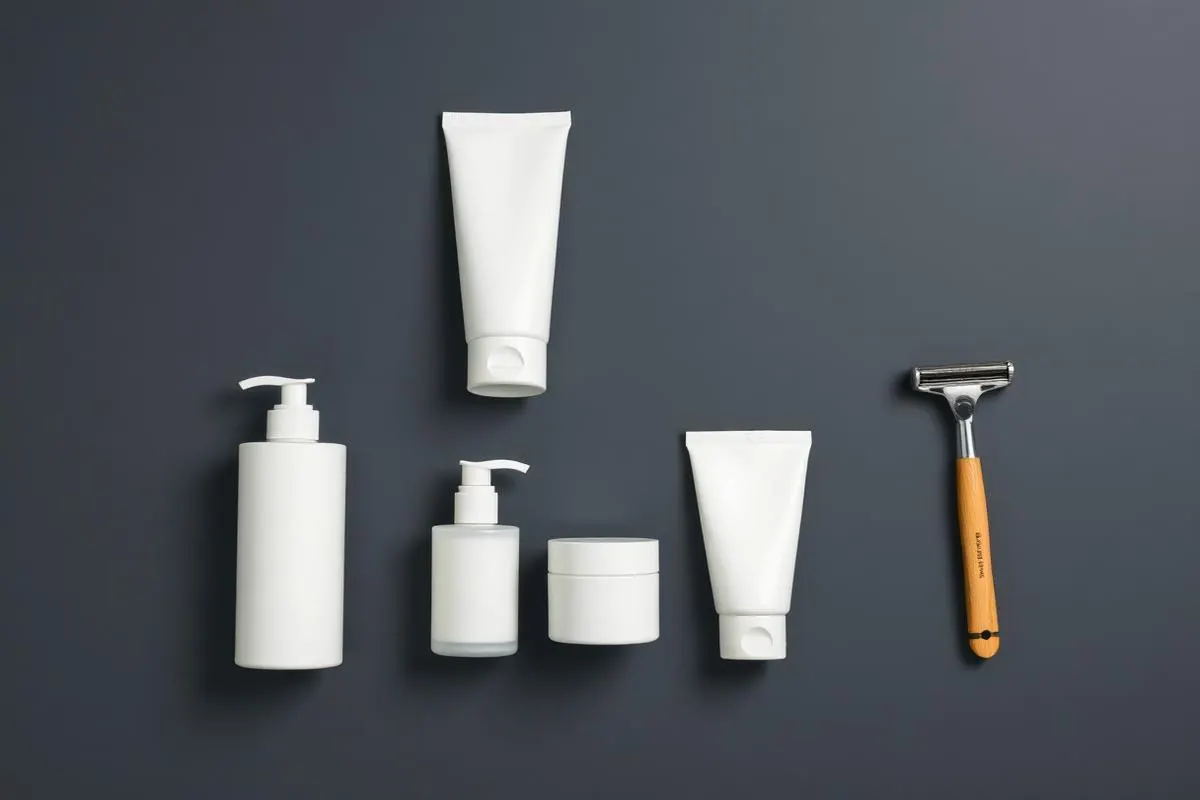Men's morning and evening skincare products laid out on a dark surface