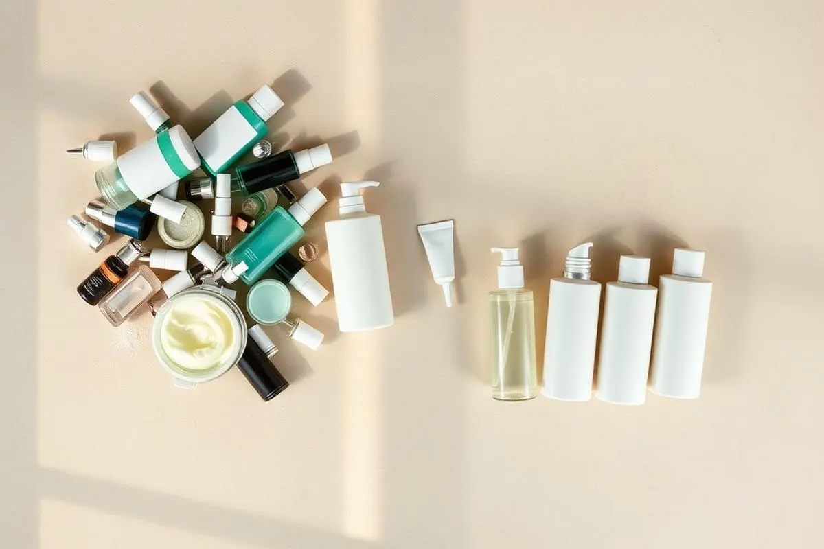 Cluttered pile of skincare bottles beside a neatly ordered row, showing common routine mistakes
