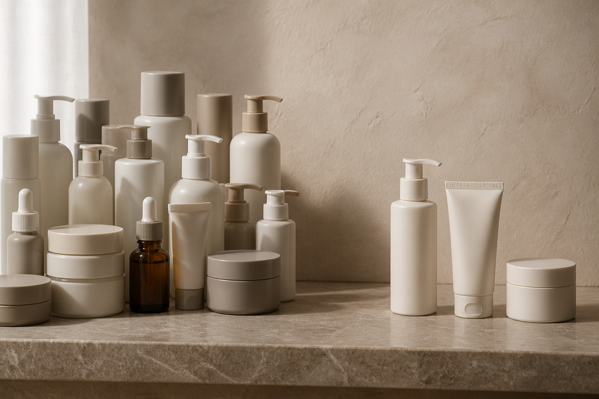 A crowded cluster of unlabelled bottles beside a tidy trio on stone against a warm oat plaster wall, showing common routine mistakes