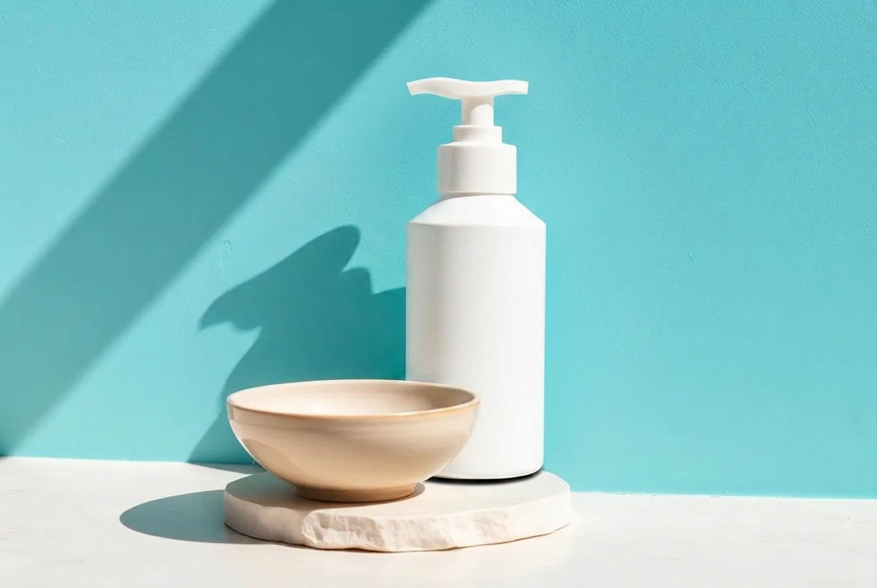 Foaming cleanser set back and a clear gel cleanser brought forward on pale sand stone against a slate blue wall, for oily skin