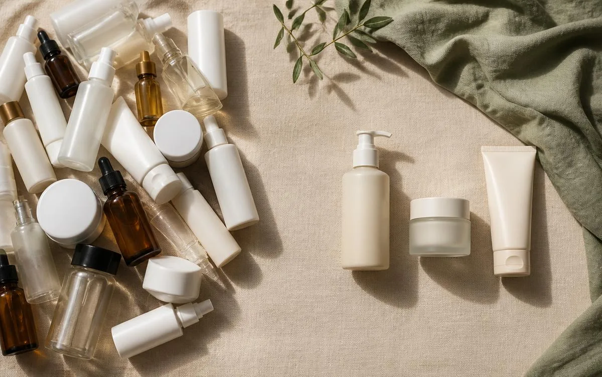 A cluttered pile of skincare products beside a simple three-product routine for oily skin
