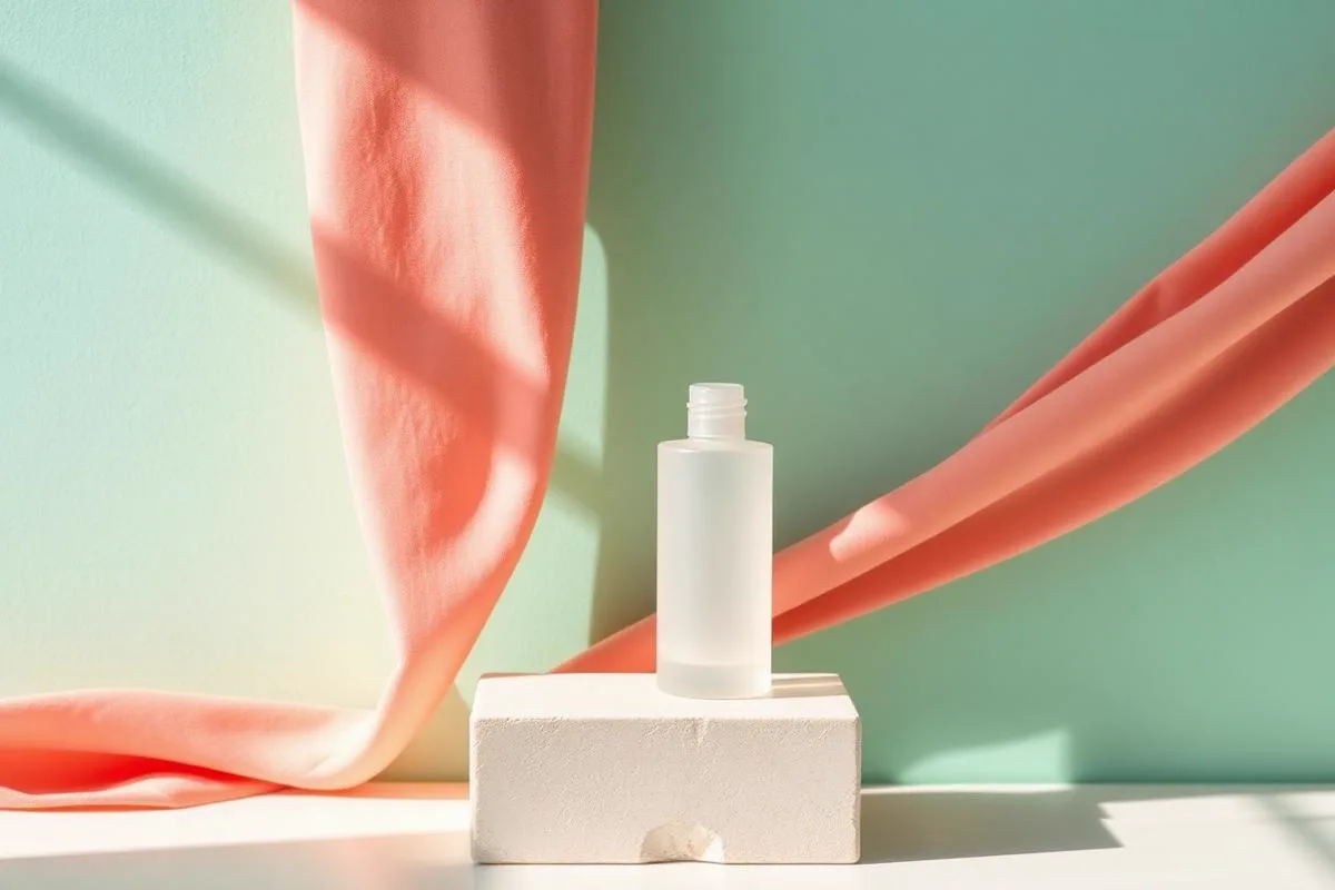 Frosted gel cleanser, hydrating serum and matte sunscreen on a slate blue backdrop for an oily skin routine