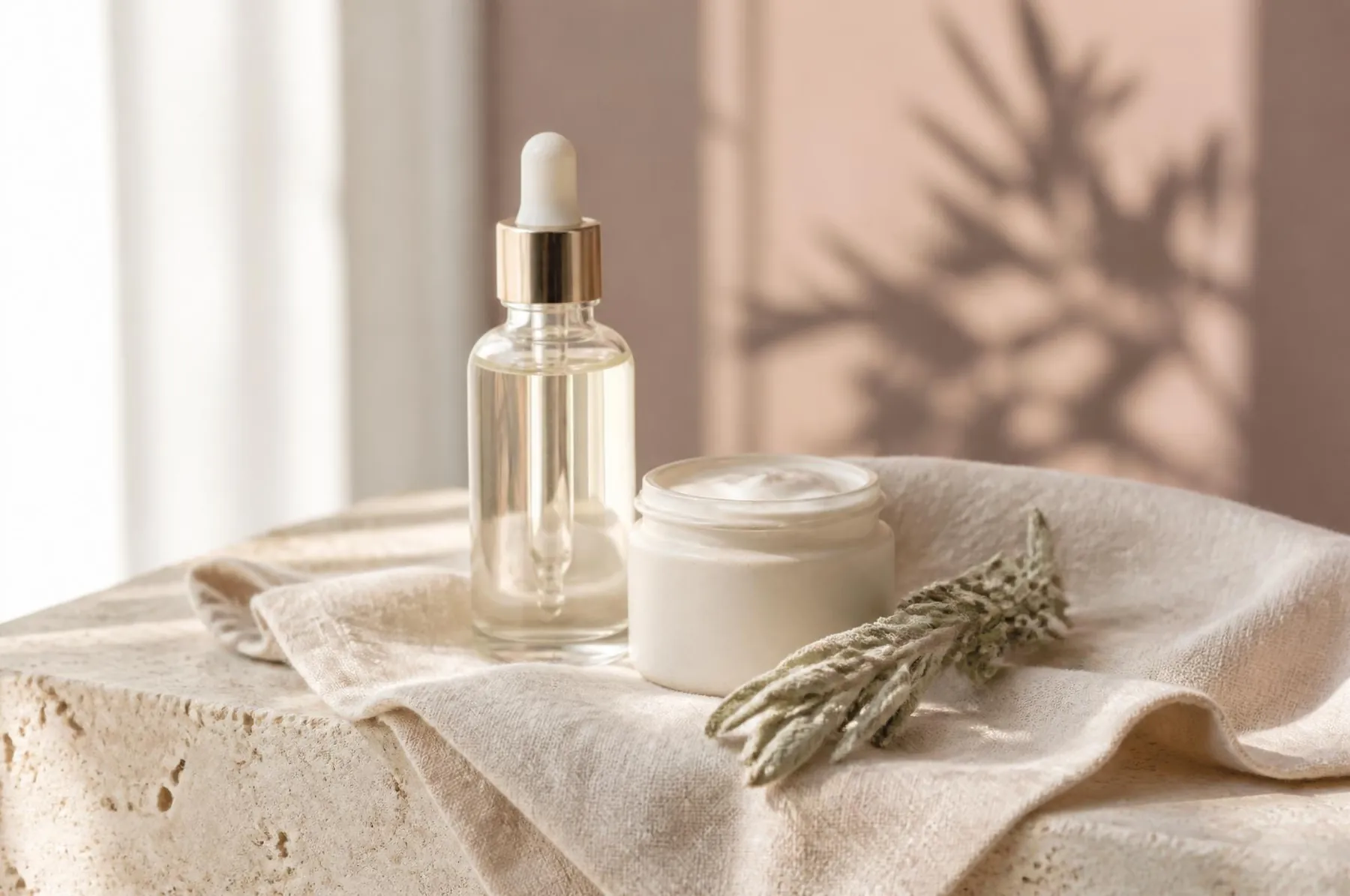Clear dropper bottle and a small ceramic cream jar on oat linen over travertine with a dried sage sprig