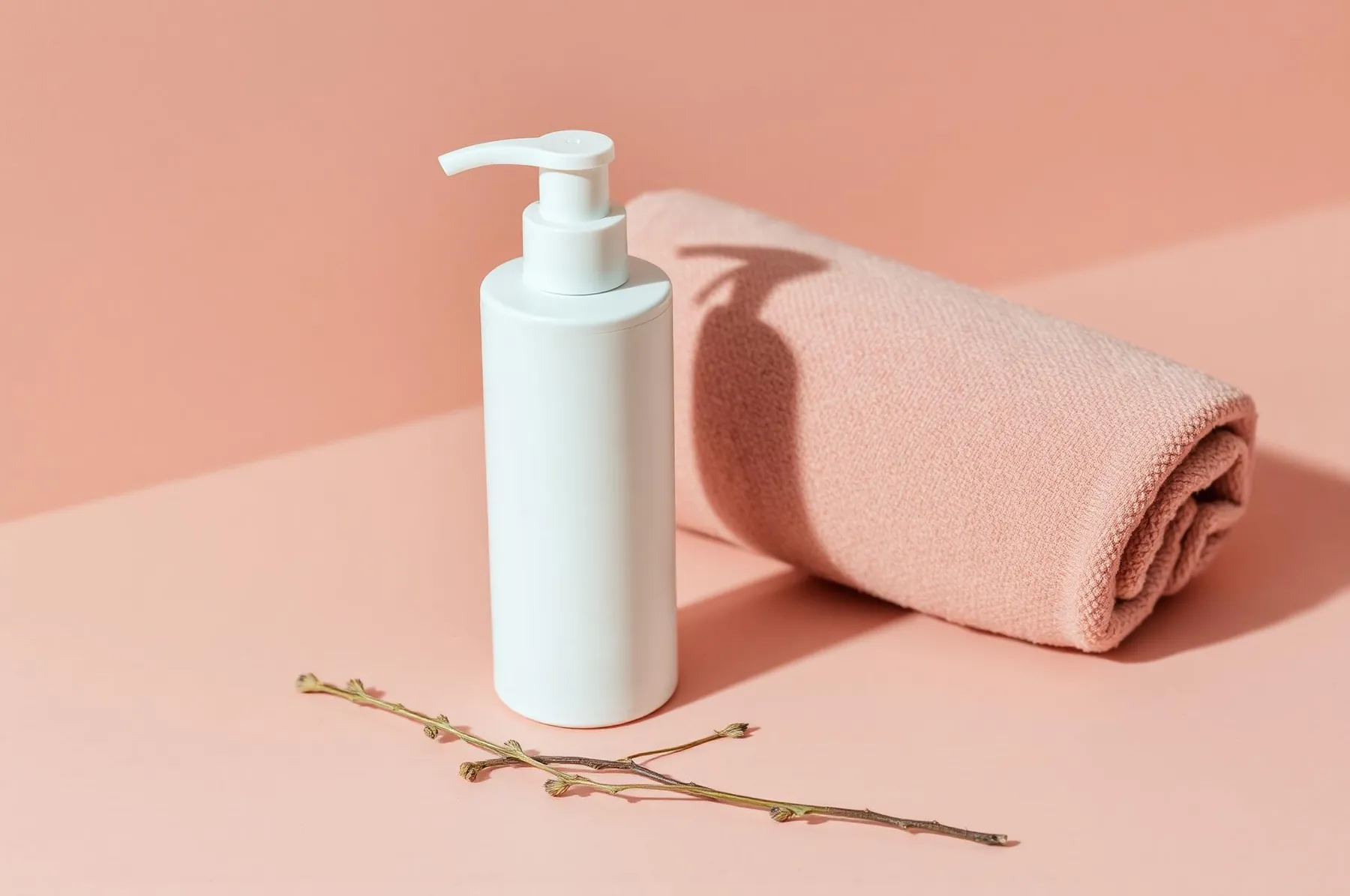 A blank white pump bottle beside a rolled dusty rose towel on blush plaster