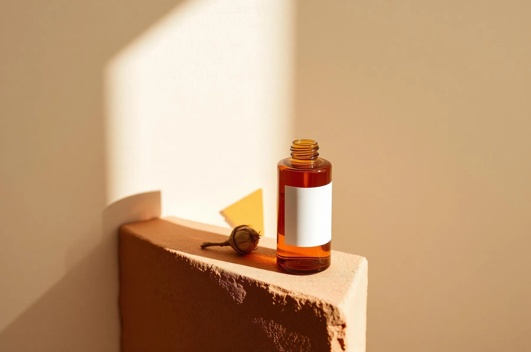 An amber glass bottle resting on a warm clay ledge with a dried seed pod