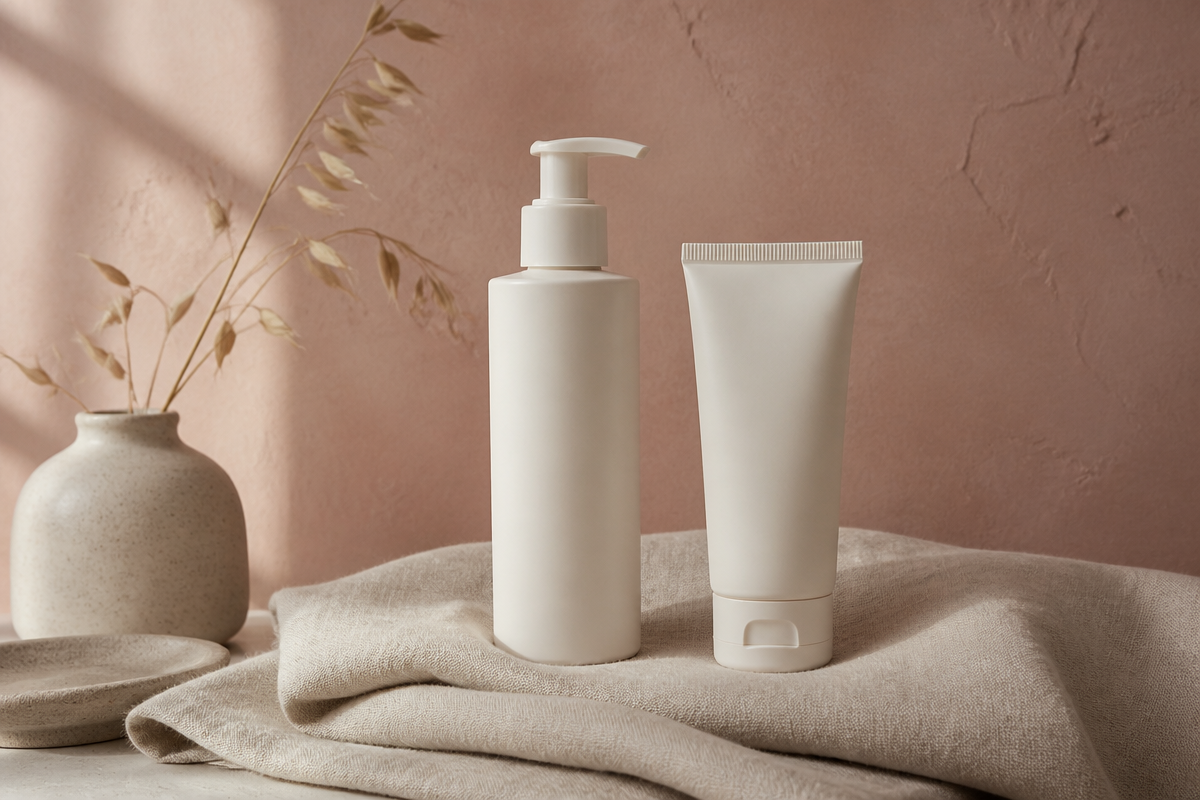Gentle cleanser and mineral sunscreen on folded oat linen against a soft dusty rose wall, for a pregnancy-safe routine