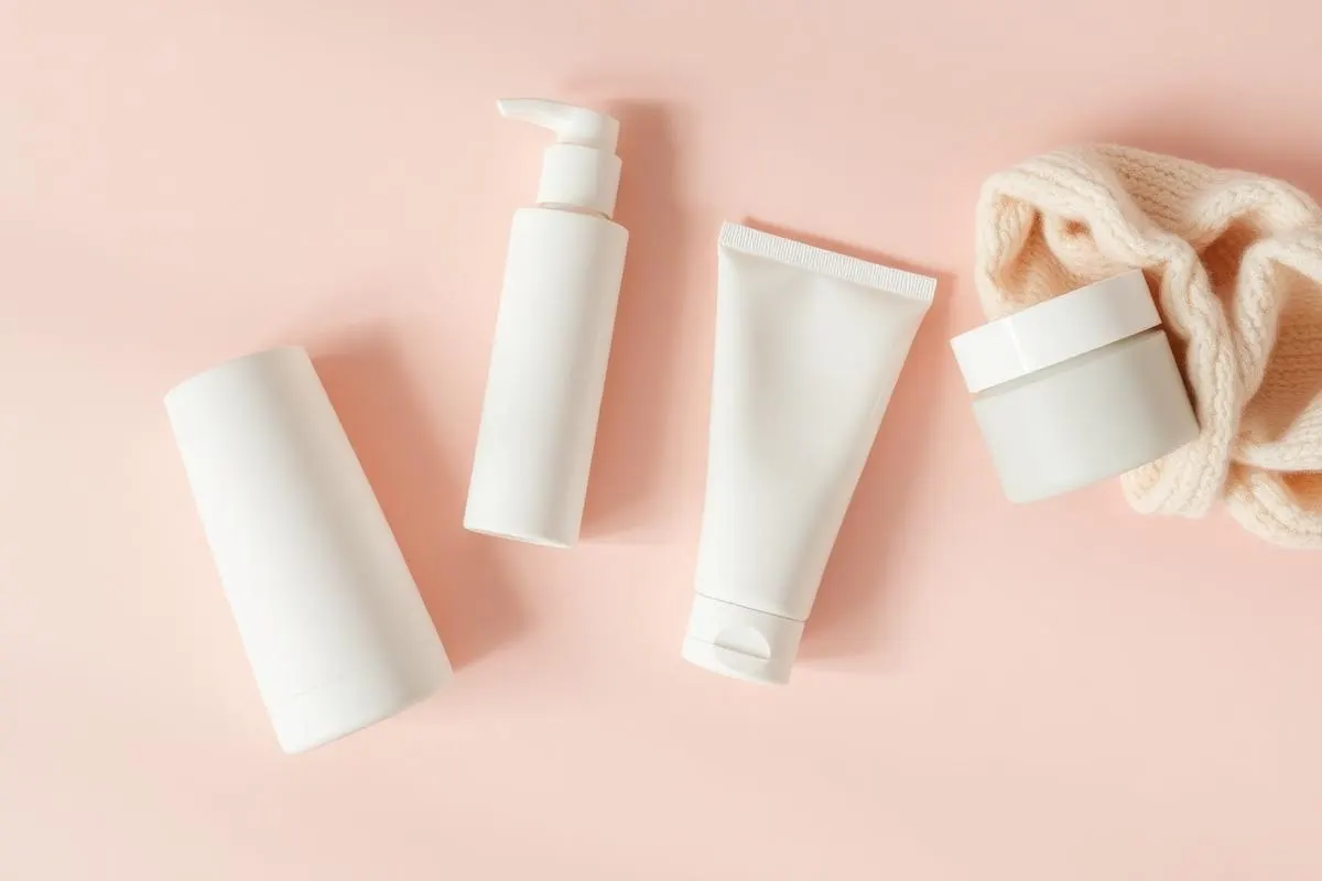 Gentle cleanser, mineral sunscreen and cream jar on soft pink for a pregnancy-safe routine