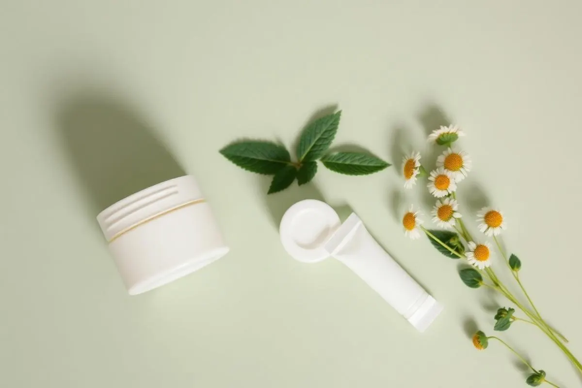 Soothing cream and fragrance-free tube with green leaves and chamomile for rosacea-prone skin