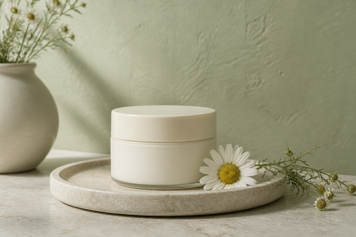 Calming cream jar with a chamomile flower on a pale stone dish against a soft sage wall, for rosacea-prone skin