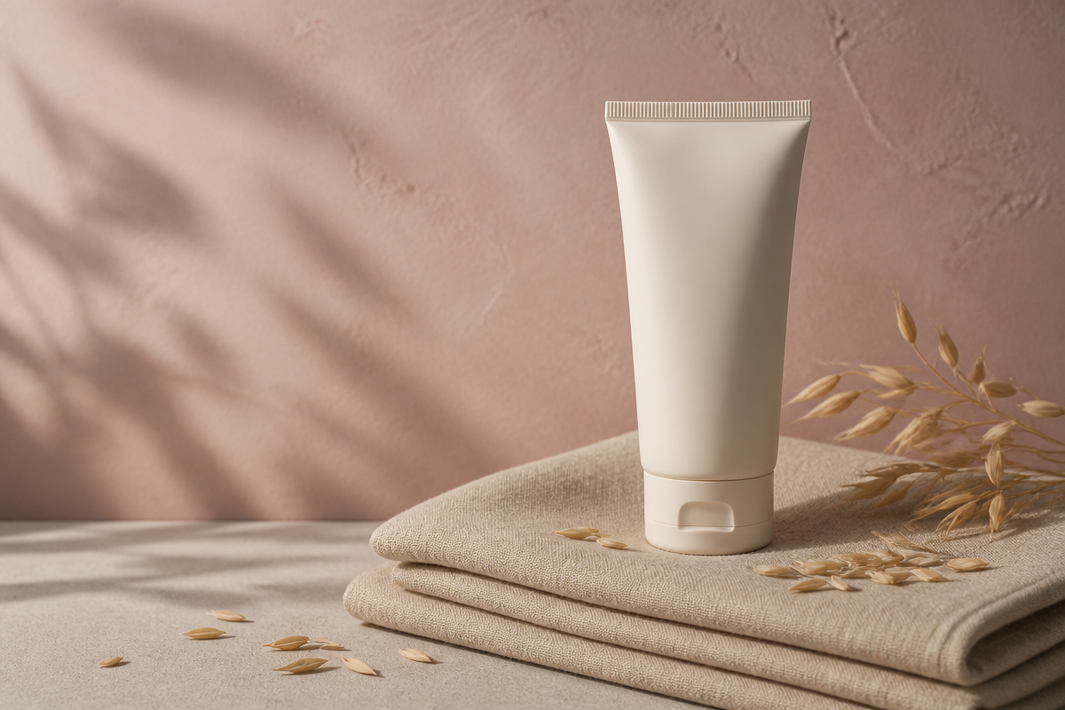 Fragrance-free barrier cream and gentle cleanser with scattered oats for sensitive skin