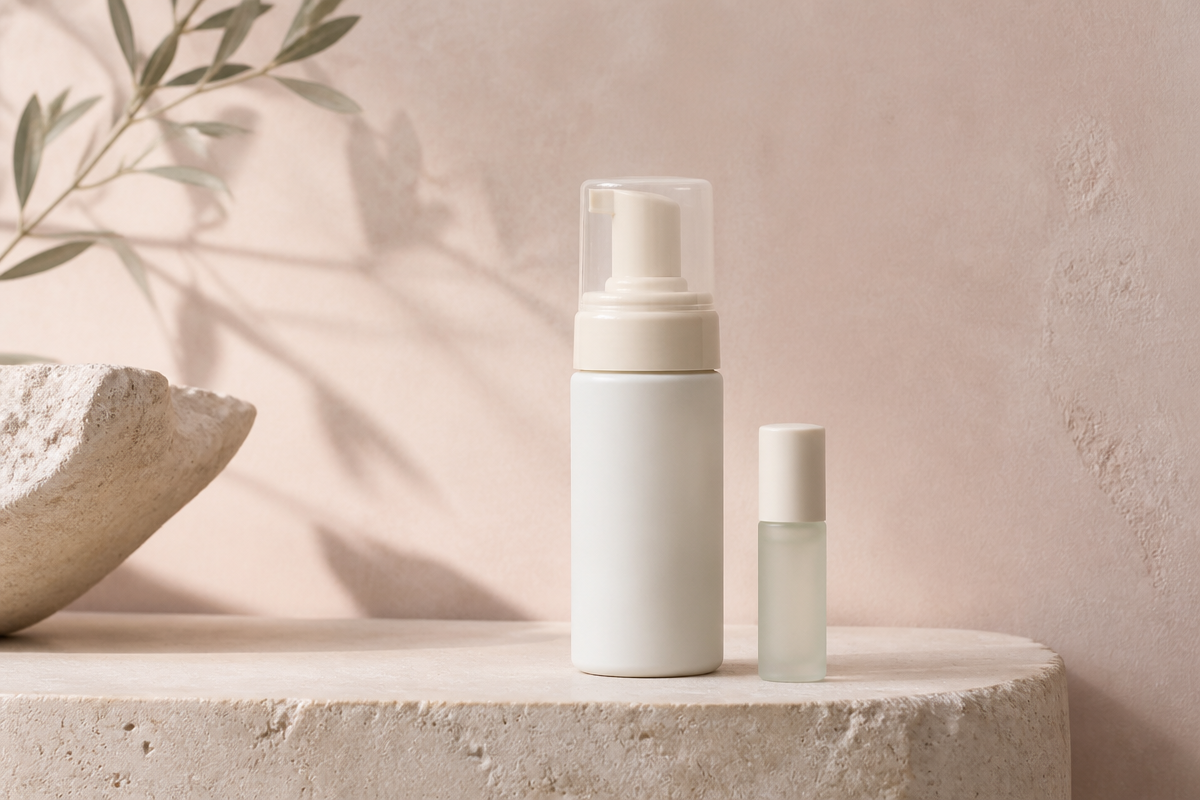 Small foaming cleanser pump and a spot treatment vial on cream stone against a soft blush wall, for a teen routine