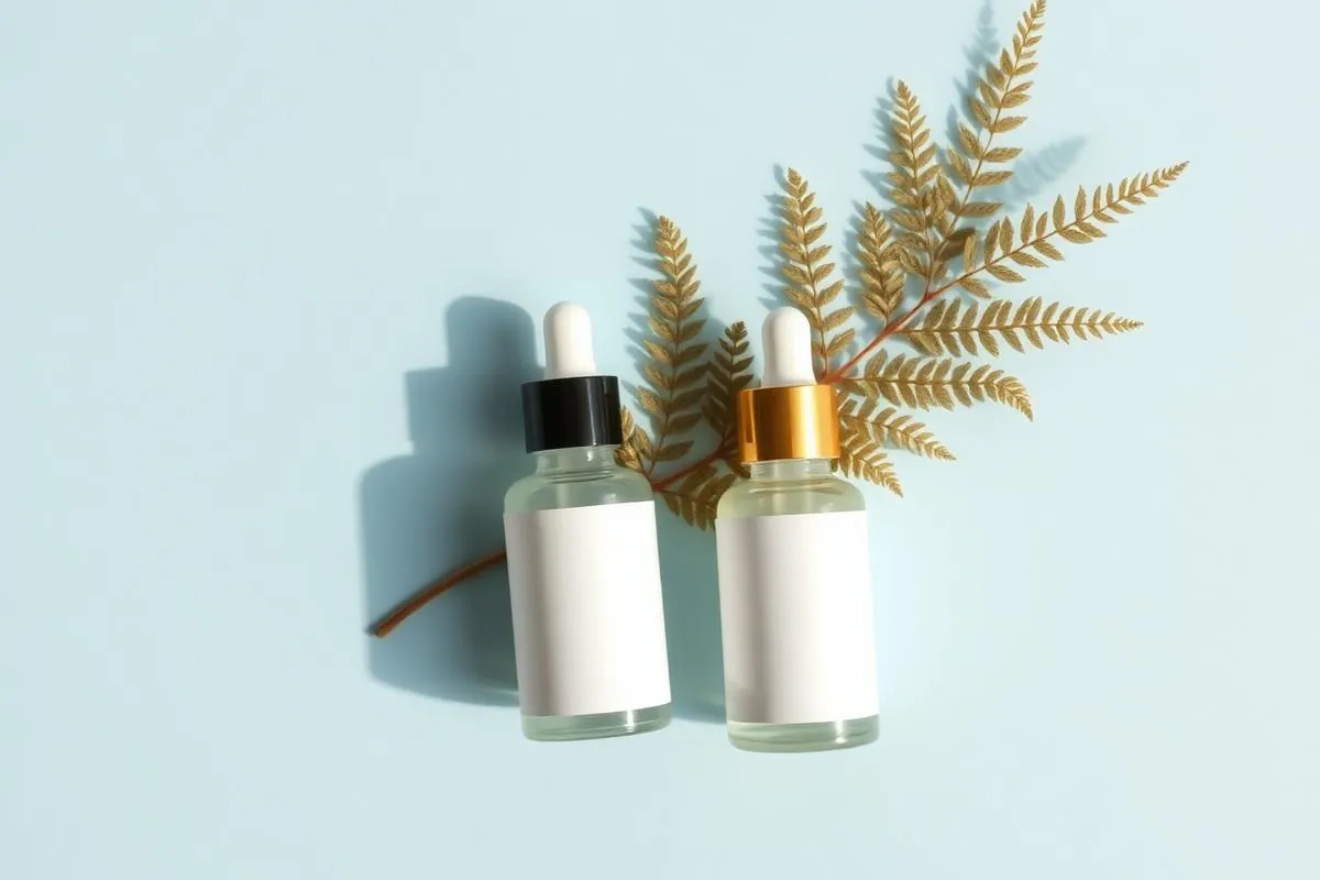 Overhead flat lay of two blank glass vials on a pale blue backdrop with a dried fern