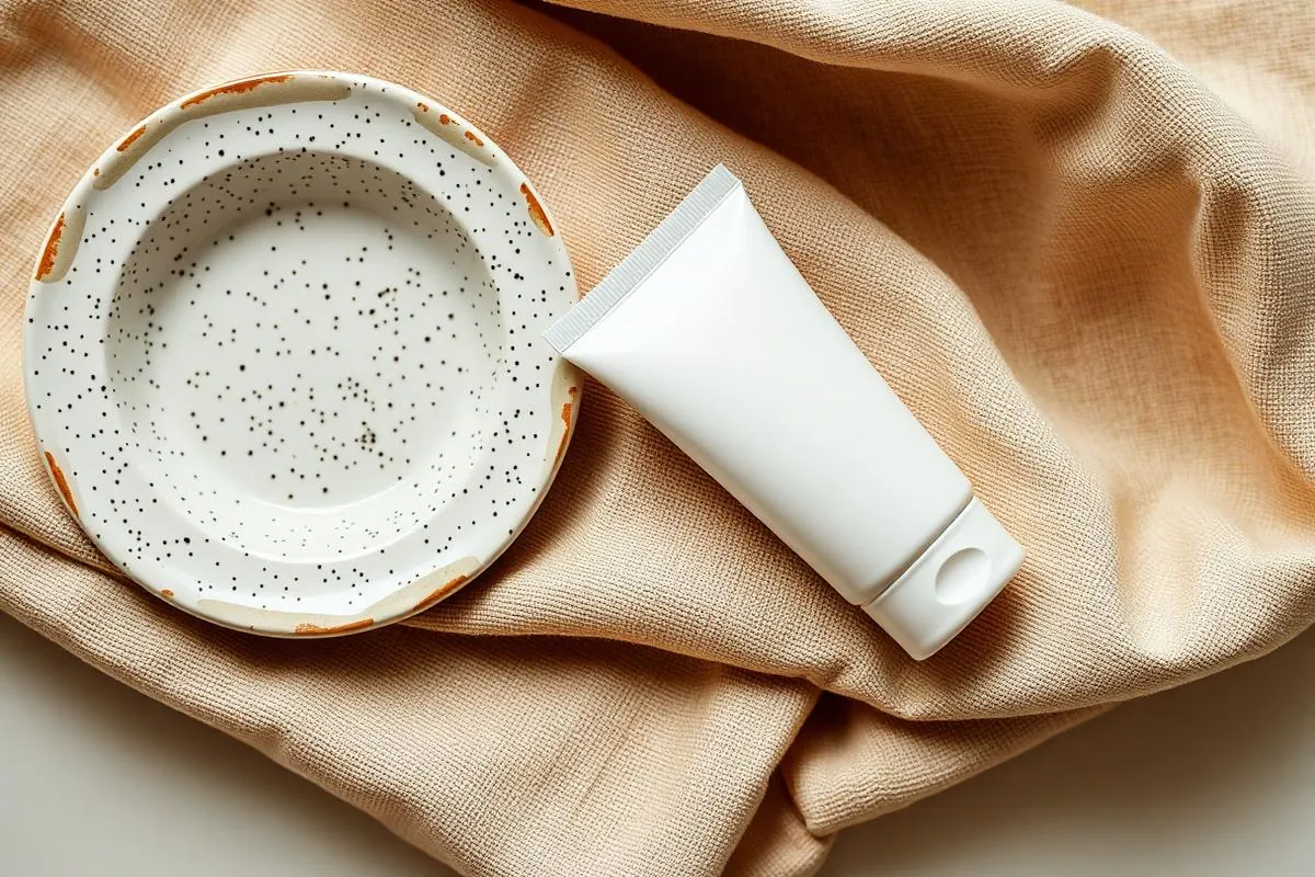 Overhead flat lay of a plain white tube on oat linen beside a speckled ceramic dish