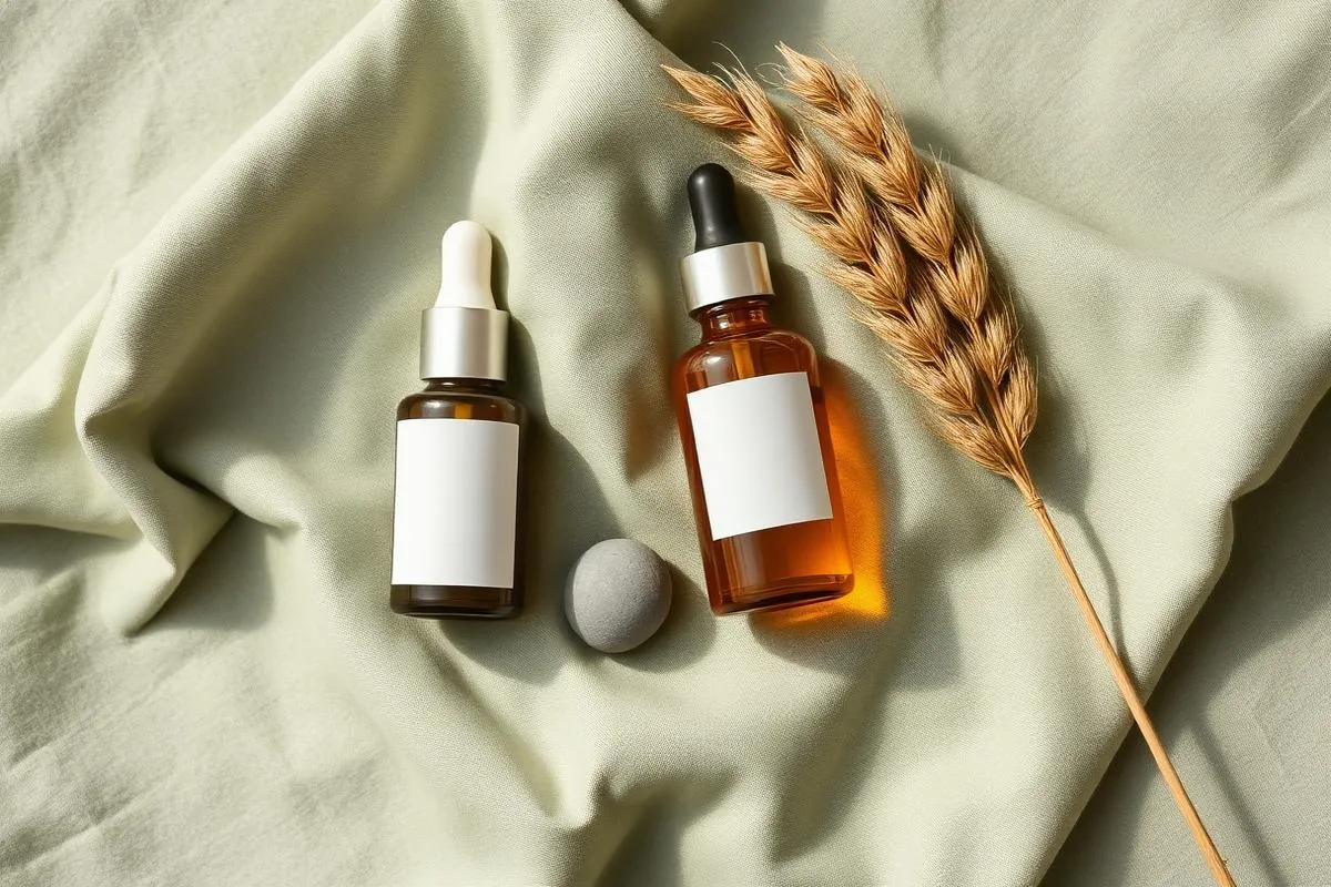 Flat lay of an amber and a clear serum bottle on sage green linen