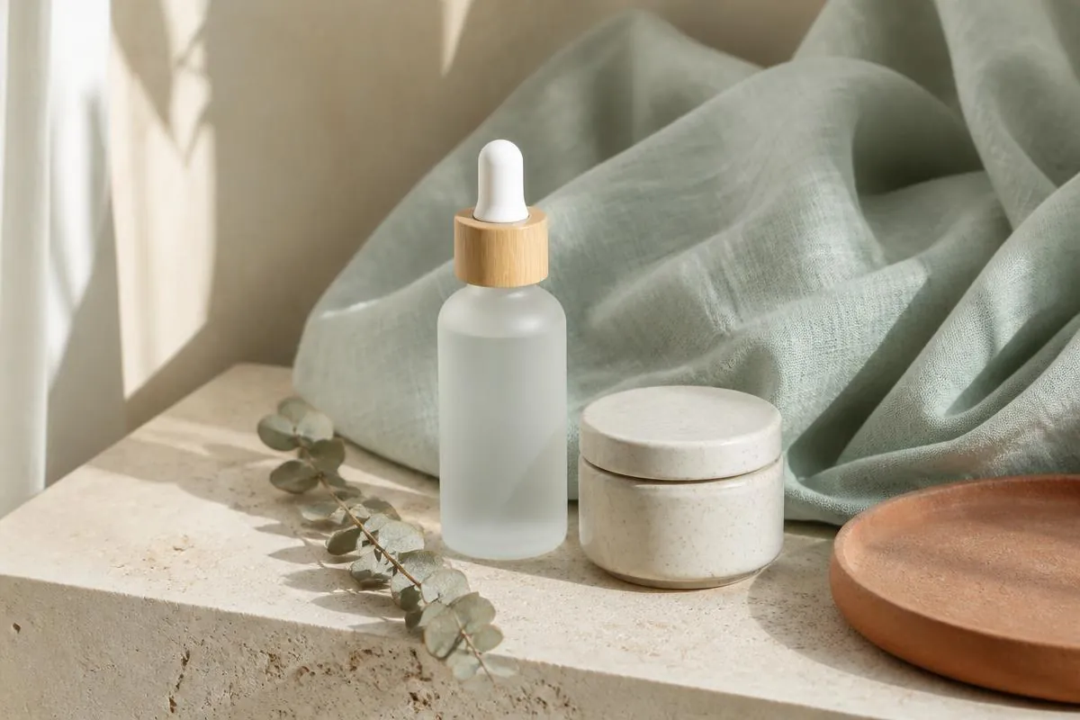 Frosted dropper bottle and ceramic jar on a travertine ledge with mint-sage linen, a dried eucalyptus sprig and a terracotta dish