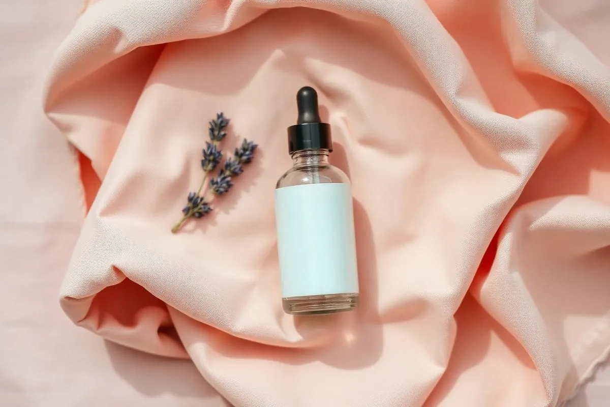 Overhead flat lay of a blank glass bottle on folded dusty rose linen with dried lavender