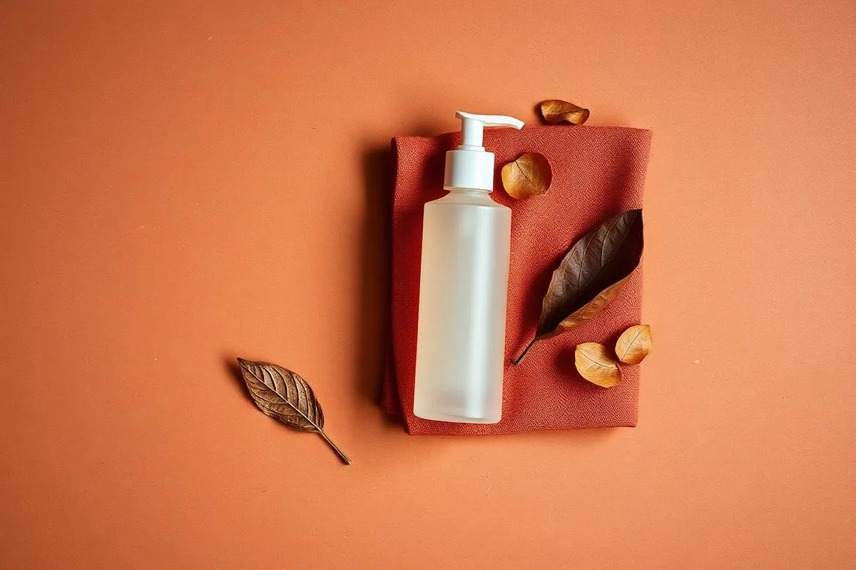 Flat lay of a frosted bottle on terracotta linen with dried leaves