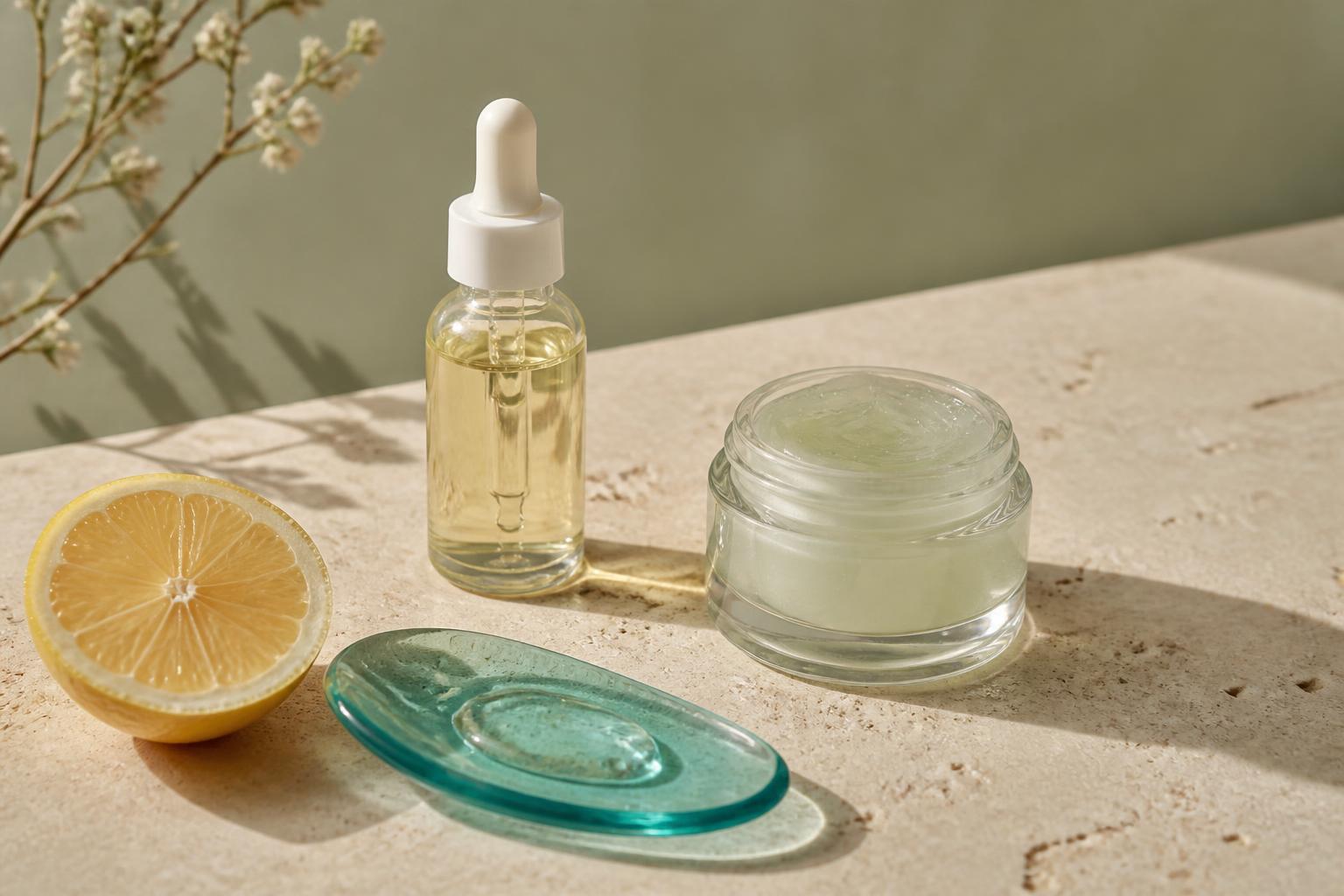 A vitamin C serum, lightweight lotion and glass dropper on smooth travertine with a soft honey accent, for combination dull skin