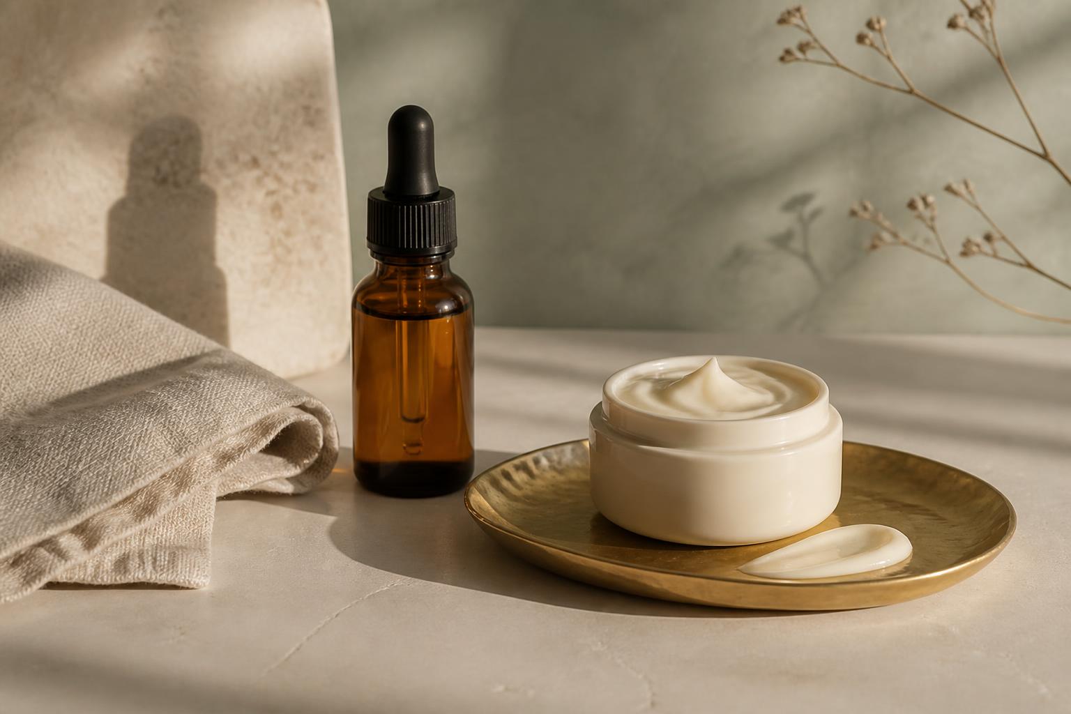 A rich cream jar, retinol bottle and linen cloth on smooth plaster with a soft gold accent, for a dry skin anti-aging routine