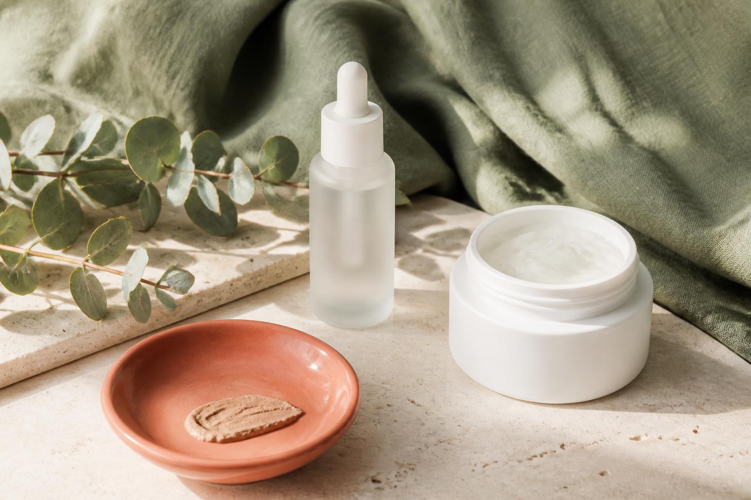 Gel cleanser, a clear salicylic serum and a matte sunscreen tube on a smooth travertine ledge with a soft coral accent