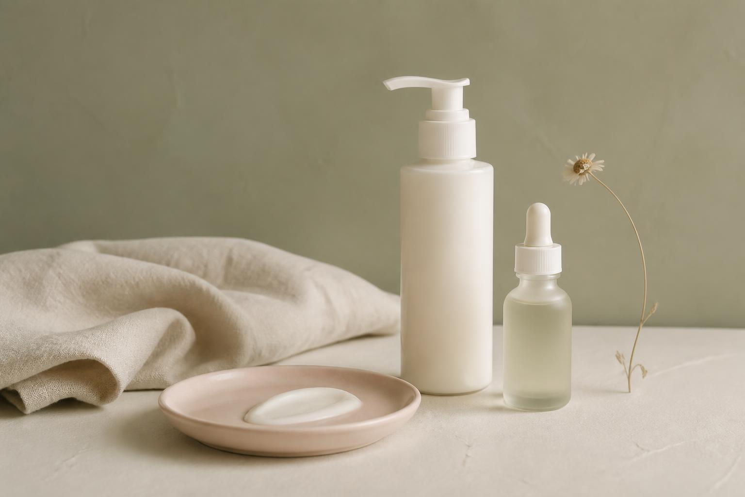 A fragrance-free cream, mineral sunscreen and a soft cotton pad on smooth matte ceramic with a muted blue accent