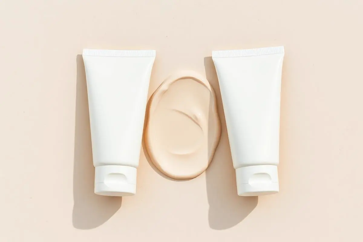 Two plain white moisturizer tubes side by side on cream stone with a cream swatch between them